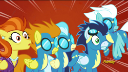 Size: 1920x1080 | Tagged: safe, screencap, character:blaze, character:fleetfoot, character:misty fly, character:soarin', character:stormy flare, species:pony, episode:rarity investigates, g4, my little pony: friendship is magic, surprised, wonderbolts, wonderbolts uniform