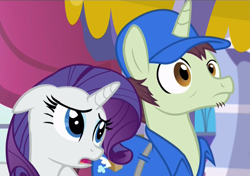 Size: 1527x1076 | Tagged: safe, screencap, character:package deal, character:rarity, species:pony, species:unicorn, episode:rarity investigates, g4, my little pony: friendship is magic, delivery pony, flirting, male, stallion