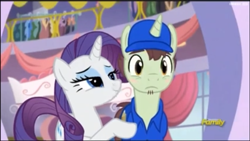 Size: 960x540 | Tagged: safe, screencap, character:package deal, character:rarity, episode:rarity investigates, g4, my little pony: friendship is magic, blushing, delivery pony, embarrassed, flirting, flirty, goatee, lidded eyes, seductive, touch
