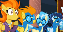 Size: 553x286 | Tagged: safe, screencap, character:blaze, character:misty fly, character:soarin', character:stormy flare, species:pony, episode:rarity investigates, g4, my little pony: friendship is magic, reaction image, wonderbolts
