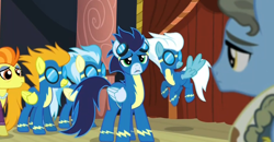 Size: 996x516 | Tagged: safe, screencap, character:blaze, character:fleetfoot, character:misty fly, character:soarin', character:stormy flare, character:wind rider, species:pony, episode:rarity investigates, g4, my little pony: friendship is magic, wonderbolts