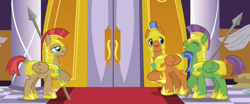 Size: 1272x529 | Tagged: safe, screencap, character:spearhead, species:pegasus, species:pony, episode:rarity investigates, g4, my little pony: friendship is magic, armor, helmet, laughing, male, royal guard, royal guard armor, spear, stallion, trio, unnamed pony, weapon