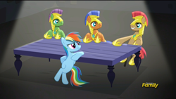 Size: 1920x1080 | Tagged: safe, screencap, character:rainbow dash, character:spearhead, species:pegasus, species:pony, episode:rarity investigates, g4, my little pony: friendship is magic, lighting, male, royal guard, shading, stallion, table, unnamed pony