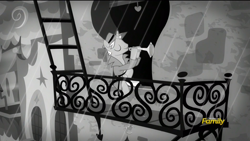 Size: 1920x1080 | Tagged: safe, screencap, species:pony, episode:rarity investigates, g4, my little pony: friendship is magic, balcony, black and white, canterlot, dexterous hooves, discovery family logo, grayscale, male, monochrome, musical instrument, noir, playing instrument, rain, solo, stallion, trumpet