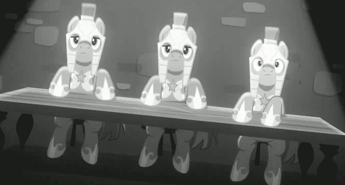 Size: 709x380 | Tagged: safe, screencap, character:spearhead, episode:rarity investigates, g4, my little pony: friendship is magic, animated, black and white, grayscale, interrogation, monochrome, noir, royal guard