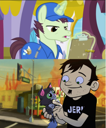 Size: 1372x1664 | Tagged: safe, screencap, character:package deal, episode:rarity investigates, g4, my little pony: friendship is magic, comparison, dan, dan vs, delivery pony, mailpony, mr mumbles