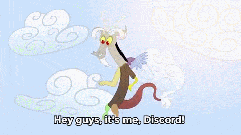 Size: 480x270 | Tagged: safe, artist:piemations, screencap, character:discord, species:draconequus, animated, caption, cloud, cute, derp, dialogue, directed by michael bay, discute, explosion, flapping, flying, friendship is violence, gif with captions, good trick, grimdark source, grimderp, looking at you, male, open mouth, sky, smiling, solo, spinning, sun, wat