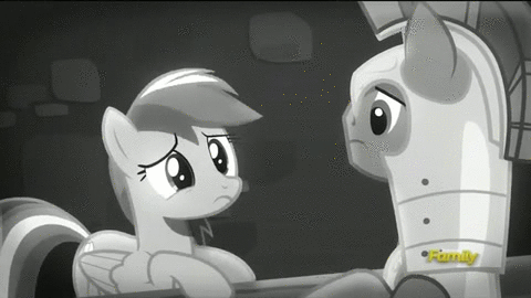 Size: 480x270 | Tagged: safe, screencap, character:rainbow dash, character:rarity, episode:rarity investigates, g4, my little pony: friendship is magic, animated, butt bump, butt smash, discovery family logo, guard, monochrome