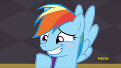 Size: 1044x588 | Tagged: safe, screencap, character:rainbow dash, species:pegasus, species:pony, episode:rarity investigates, g4, my little pony: friendship is magic, blushing, cute, dashabetes, discovery family logo, female, mare, neckwings, smiling, solo, spread wings, wings
