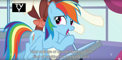 Size: 1920x950 | Tagged: safe, screencap, character:rainbow dash, episode:rarity investigates, g4, my little pony: friendship is magic, mannequin, meme, youtube caption