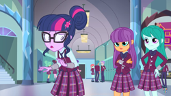 Size: 1366x768 | Tagged: safe, screencap, character:cold forecast, character:frosty orange, character:ginger owlseye, character:melon mint, character:twilight sparkle, character:twilight sparkle (scitwi), species:eqg human, equestria girls:friendship games, g4, my little pony:equestria girls, background human, carlos thunderbolt, celery stalk, clothing, crystal prep academy students, crystal prep academy uniform, garden grove, peacock plume, school uniform, skirt, skyline shores, what more is out there