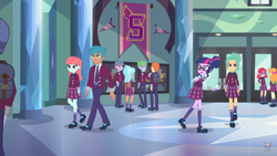 Size: 1366x768 | Tagged: safe, screencap, character:frosty orange, character:melon mint, character:orange sherbette, character:twilight sparkle, character:twilight sparkle (scitwi), species:eqg human, equestria girls:friendship games, g4, my little pony:equestria girls, alizarin bubblegum, alizary, background human, carlos thunderbolt, celery stalk, citrus drops, clothing, crystal prep academy uniform, female, garden grove, male, school uniform, what more is out there