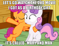 Size: 594x461 | Tagged: safe, screencap, character:scootaloo, character:sweetie belle, species:pegasus, species:pony, episode:sleepless in ponyville, g4, my little pony: friendship is magic, caption, cropped, mary and max, meme, this will end in tears