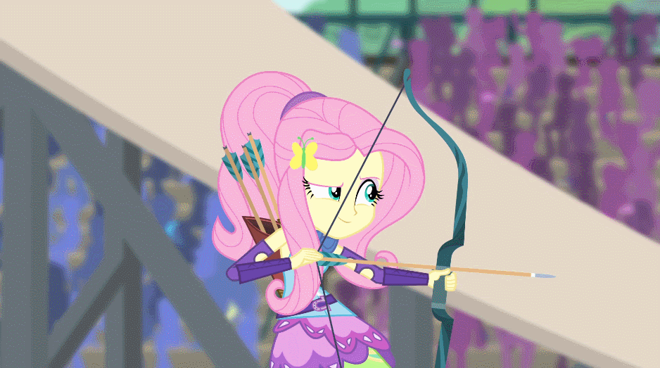 Size: 938x523 | Tagged: safe, screencap, character:fluttershy, character:sour sweet, equestria girls:friendship games, g4, my little pony:equestria girls, animated, archery, arrow, bow (weapon), bow and arrow, weapon