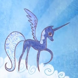 Size: 527x527 | Tagged: safe, screencap, character:princess luna, species:alicorn, species:pony, episode:friendship is magic, g4, my little pony: friendship is magic, cloud, female, hooves, horn, mare, on a cloud, pointy ponies, raised hoof, s1 luna, solo, spread wings, standing on a cloud, storybook, wings
