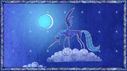 Size: 1280x720 | Tagged: safe, screencap, character:princess luna, species:alicorn, species:pony, episode:friendship is magic, g4, my little pony: friendship is magic, cloud, crescent moon, female, heart, hooves, horn, mare, moon, night, night sky, on a cloud, s1 luna, sky, solo, spread wings, standing on a cloud, stars, storybook, wings