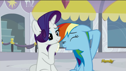 Size: 1920x1080 | Tagged: safe, screencap, character:rainbow dash, character:rarity, episode:rarity investigates, g4, my little pony: friendship is magic, discovery family logo, imminent boop, sunscreen