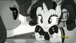 Size: 1920x1080 | Tagged: safe, screencap, character:cinnamon chai, character:rarity, episode:rarity investigates, g4, my little pony: friendship is magic, cheeks, clothing, discovery family logo, grayscale, lip bite, monochrome