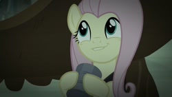 Size: 1280x720 | Tagged: safe, screencap, character:fluttershy, species:pegasus, species:pony, episode:scare master, g4, my little pony: friendship is magic, cute, exploitable, female, hiding, lip bite, mare, shyabetes, smirk, solo, tea party of doom, tin can