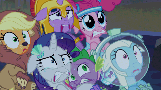 Size: 640x360 | Tagged: safe, screencap, character:applejack, character:pinkie pie, character:rainbow dash, character:rarity, character:spike, character:twilight sparkle, character:twilight sparkle (alicorn), species:alicorn, species:pony, episode:scare master, g4, my little pony: friendship is magic, alternate hairstyle, animated, applelion, astrodash, astronaut, athena sparkle, big cat, clothing, costume, crying, faec, female, floppy ears, freaky faces, lion, mare, mermaid, mermarity, nightmare night, nightmare night costume, pinkie puffs, scared, terrified