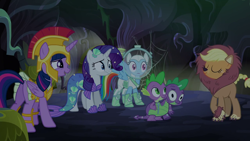 Size: 1280x720 | Tagged: safe, screencap, character:applejack, character:rainbow dash, character:rarity, character:spike, character:twilight sparkle, character:twilight sparkle (alicorn), species:alicorn, species:pony, episode:scare master, g4, my little pony: friendship is magic, animal costume, applelion, armor, astrodash, astronaut, athena sparkle, big cat, braided tail, clothing, confident, costume, dragon costume, female, helmet, lion, mare, mermaid, mermarity, nightmare night, nightmare night costume, royal guard armor, skirt, technically an upskirt shot