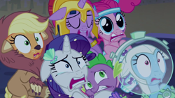 Size: 1366x768 | Tagged: safe, screencap, character:applejack, character:pinkie pie, character:rainbow dash, character:rarity, character:spike, character:twilight sparkle, character:twilight sparkle (alicorn), species:alicorn, species:pony, episode:scare master, g4, my little pony: friendship is magic, applelion, astrodash, astronaut, athena sparkle, clothing, female, floppy ears, mare, mermaid, mermarity, pinkie puffs, space suit