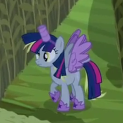 Size: 300x300 | Tagged: safe, screencap, character:derpy hooves, character:twilight sparkle, character:twilight sparkle (alicorn), species:alicorn, species:pegasus, species:pony, episode:scare master, g4, my little pony: friendship is magic, alicorn costume, clothing, costume, fake horn, fake wings, female, mare, nightmare night, nightmare night costume, slowpoke, solo, toilet paper roll, toilet paper roll horn, twilight muffins, twilight sparkle costume, wig