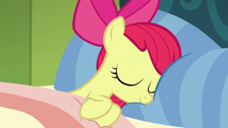 Size: 1280x720 | Tagged: safe, screencap, character:apple bloom, species:earth pony, species:pony, episode:bloom and gloom, g4, my little pony: friendship is magic, adorabloom, bed, bedsheets, bow, cute, eyes closed, female, filly, hair bow, pillow, sleeping, solo