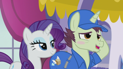 Size: 1366x768 | Tagged: safe, screencap, character:package deal, character:rarity, species:pony, episode:rarity investigates, g4, my little pony: friendship is magic, blushing, delivery pony, discovery family logo, duo, embarrassed, lidded eyes, male, seduction, shy, stallion