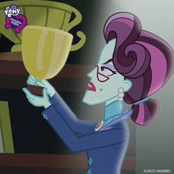 Size: 720x720 | Tagged: safe, official, screencap, character:principal abacus cinch, equestria girls:friendship games, g4, my little pony:equestria girls, equestria girls logo, female, solo, trophy
