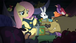 Size: 1920x1080 | Tagged: safe, screencap, character:angel bunny, character:constance, character:fluttershy, character:harry, species:bird, species:pony, species:rabbit, episode:scare master, g4, my little pony: friendship is magic, animal, bear, book, female, food, hiding, mare, peanut butter, tent