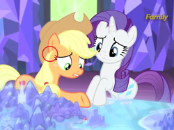 Size: 908x680 | Tagged: safe, screencap, character:applejack, character:rarity, episode:made in manehattan, g4, my little pony: friendship is magic, animation error, cutie map, discovery family, discovery family logo
