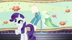 Size: 1280x720 | Tagged: safe, screencap, character:rarity, species:pony, species:unicorn, episode:canterlot boutique, g4, my little pony: friendship is magic, clothing, dress, female, hoof on chest, mare, ponyquin, solo, water filly
