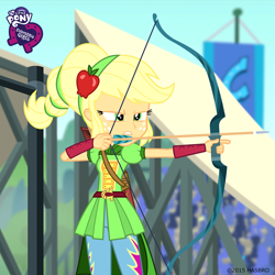 Size: 800x800 | Tagged: safe, screencap, character:applejack, equestria girls:friendship games, g4, my little pony:equestria girls, archery, arrow, bow (weapon), bow and arrow, canterlot high, equestria girls logo, solo, sporty style, weapon, wondercolts