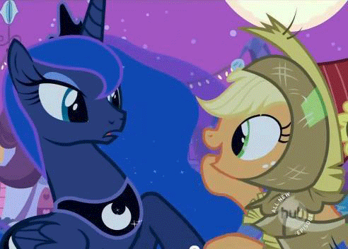 Size: 492x353 | Tagged: safe, screencap, character:applejack, character:princess luna, episode:luna eclipsed, g4, my little pony: friendship is magic, animated, clothing, cute, frown, hat, hoofy-kicks, hub logo, open mouth, raised hoof, smiling