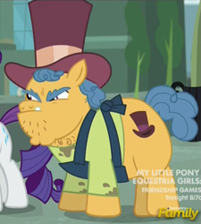 Size: 873x972 | Tagged: safe, screencap, character:rarity, species:earth pony, species:pony, episode:made in manehattan, g4, my little pony: friendship is magic, angry, apron, chin, chubby, clothing, cropped, dirty, discovery family logo, fat, hat, hatter, male, milliner, solo focus, stallion, stinky bottom, street merchant, top hat, vendor