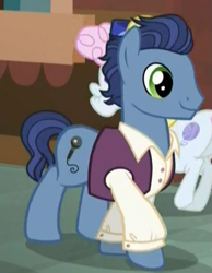 Size: 447x577 | Tagged: safe, screencap, character:pearly stitch, species:earth pony, species:pony, episode:made in manehattan, g4, my little pony: friendship is magic, background pony, clothing, male, shirt, solo, stallion, vest