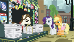 Size: 1920x1080 | Tagged: safe, screencap, character:applejack, character:rarity, character:whoa nelly, species:earth pony, species:pony, species:unicorn, episode:made in manehattan, g4, my little pony: friendship is magic, background pony, bat boy, batboy, clothing, discovery family logo, female, grin, magazine, male, manehattan, mare, mouth hold, neckerchief, news flash, newspaper, newsstand, saddle bag, shirt, smiling, squee, stallion, unnamed pony, vendor, wat
