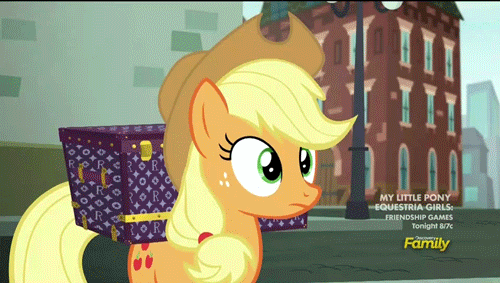 Size: 500x283 | Tagged: safe, screencap, character:applejack, species:earth pony, species:pony, episode:made in manehattan, g4, my little pony: friendship is magic, animated, applejack's hat, chest, clothing, cowboy hat, female, hat, jackabuse, magic, manehattan, mare, ouch, solo, violence