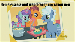 Size: 1366x768 | Tagged: safe, screencap, species:earth pony, species:pony, episode:made in manehattan, g4, my little pony: friendship is magic, background pony, beggar, discovery family logo, female, food, homeless, male, mare, plum pop, poverty, stallion, unnamed pony
