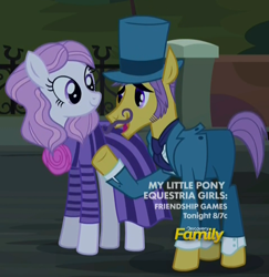 Size: 960x988 | Tagged: safe, screencap, character:viola, species:earth pony, species:pony, episode:made in manehattan, g4, my little pony: friendship is magic, art vandelhay, background pony, bronclyn, clothing, cravat, dress, duo, female, hat, male, manehattan, mare, moustache, raised hoof, rose, shirt, skinny, stallion, suit, tall, top hat, tuxedo, uptown clover