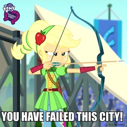 Size: 800x800 | Tagged: safe, screencap, character:applejack, equestria girls:friendship games, g4, my little pony:equestria girls, archery, arrow, arrow (tv), arrowverse, bow (weapon), bow and arrow, equestria girls logo, green arrow, image macro, meme, that was fast, weapon, you have failed this city