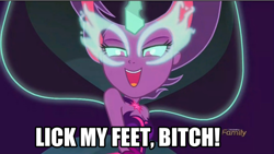 Size: 1070x603 | Tagged: safe, screencap, character:midnight sparkle, character:twilight sparkle, character:twilight sparkle (scitwi), species:eqg human, equestria girls:friendship games, g4, my little pony:equestria girls, bitch, caption, feet, foot fetish, image macro, impact font, midnight sparkle, text, this is for emphasis bitch, vulgar