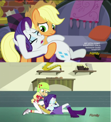 Size: 1280x1412 | Tagged: safe, screencap, character:applejack, character:rarity, species:earth pony, species:pony, species:unicorn, episode:made in manehattan, equestria girls:friendship games, g4, my little pony: friendship is magic, my little pony:equestria girls, applejack's damaged hat, applejack's hat, clothing, comparison, cowboy hat, distress, drama queen, duo, duo female, faint, female, hat, helmet, jai alai, marshmelodrama, pelota vasca, rarity being rarity, shipping fuel, skirt, xistera