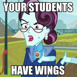 Size: 500x500 | Tagged: safe, screencap, character:principal abacus cinch, equestria girls:friendship games, g4, my little pony:equestria girls, canterlot high, captain obvious, caption, cropped, image macro, impact font, magic, meme, wings