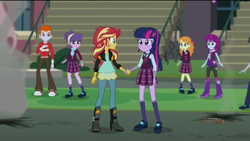 Size: 1920x1080 | Tagged: safe, screencap, character:heath burns, character:jet set, character:mystery mint, character:orange sherbette, character:sunset shimmer, character:suri polomare, character:twilight sparkle, character:twilight sparkle (scitwi), species:eqg human, equestria girls:friendship games, g4, my little pony:equestria girls, background human, blushing, clothing, crystal prep academy, crystal prep academy uniform, crystal prep shadowbolts, heath burns, holding hands, school uniform