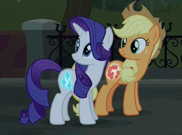 Size: 373x278 | Tagged: safe, screencap, character:applejack, character:rarity, episode:made in manehattan, g4, my little pony: friendship is magic, :o, animated, applejack's damaged hat, booty call, frown, glowing cutie mark, raised hoof, raised leg, wide eyes