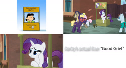 Size: 1992x1073 | Tagged: safe, screencap, character:blue peeler, character:pearly stitch, character:rarity, episode:made in manehattan, g4, my little pony: friendship is magic, advice, charlie brown, charlie horse, concession stand, good grief, lucy van pelt, lucy's advice booth, peanuts, reference, winning goal