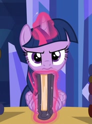 Size: 683x924 | Tagged: safe, screencap, character:twilight sparkle, character:twilight sparkle (alicorn), species:alicorn, species:pony, episode:made in manehattan, g4, my little pony: friendship is magic, 3:, book, cropped, female, frown, glare, grumpy twilight, looking at you, magic, mare, solo, telekinesis