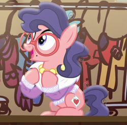 Size: 328x322 | Tagged: safe, screencap, character:charity kindheart, character:raspberry beret, episode:made in manehattan, g4, my little pony: friendship is magic, charity kindheart, cute, glasses, happy, method mares, open mouth, solo